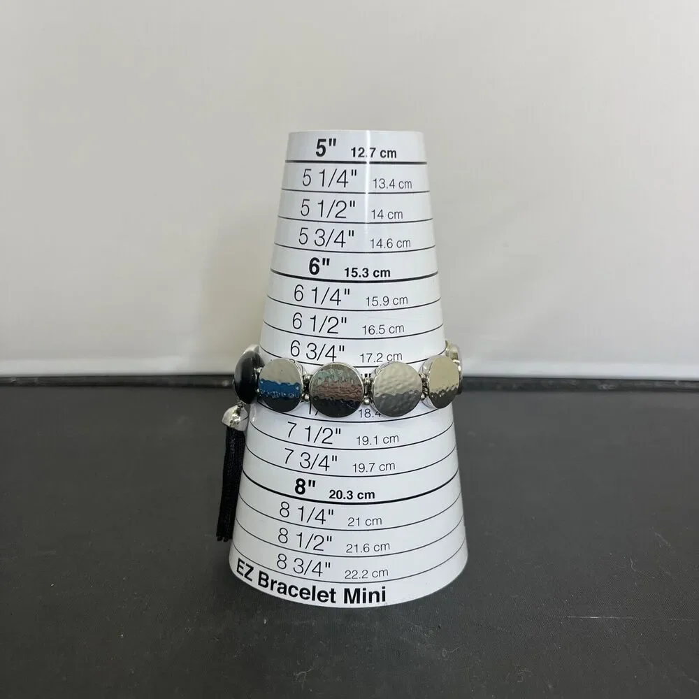 CHICO'S - Silver Hammered Metal Round & Black Cade Stretch Bracelet NWT) Charity - Picture 7 of 7